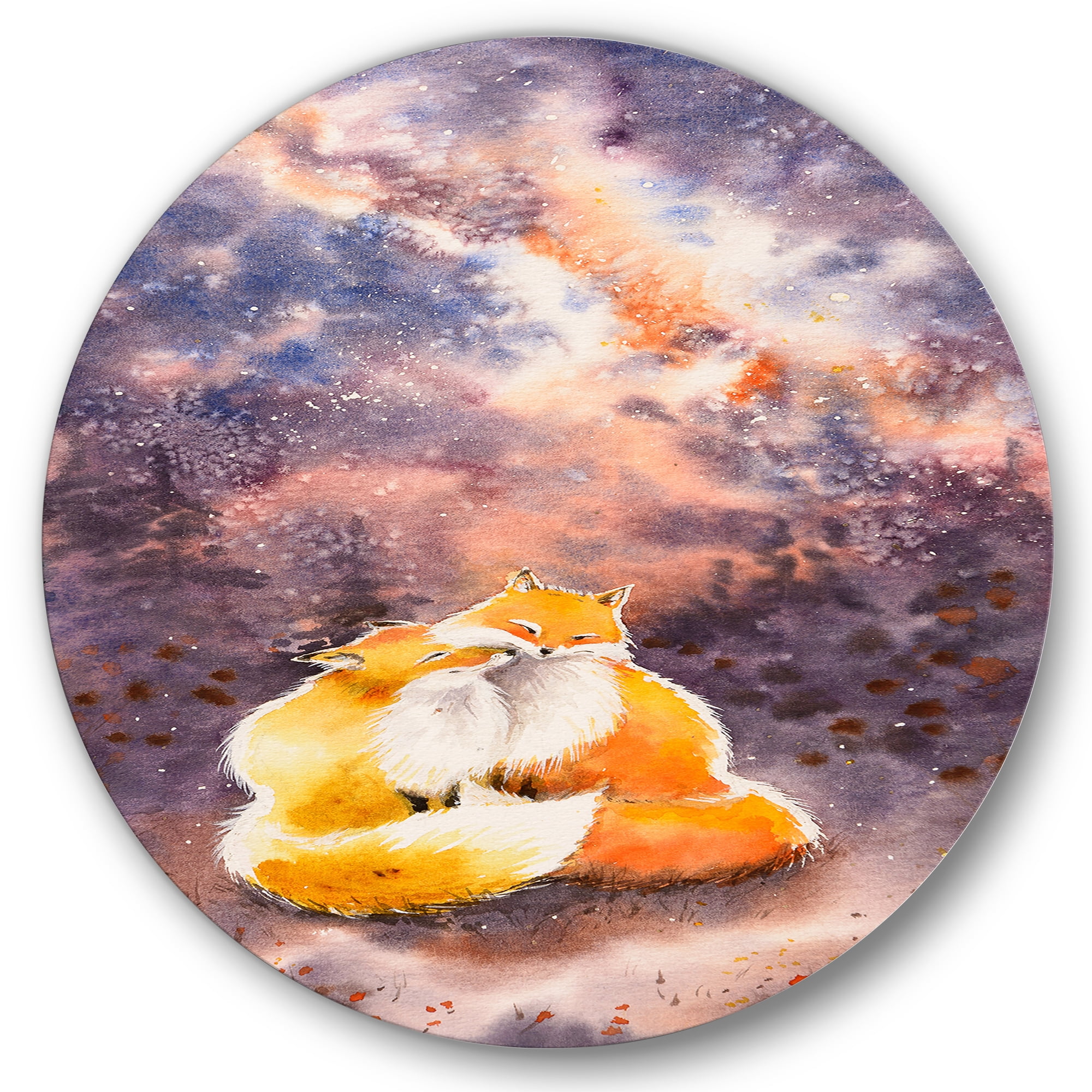 Designart 'Foxes Over A Night Sky Hugging ' Children's Art Circle Metal Wall Art 36x36 - Disc of 36