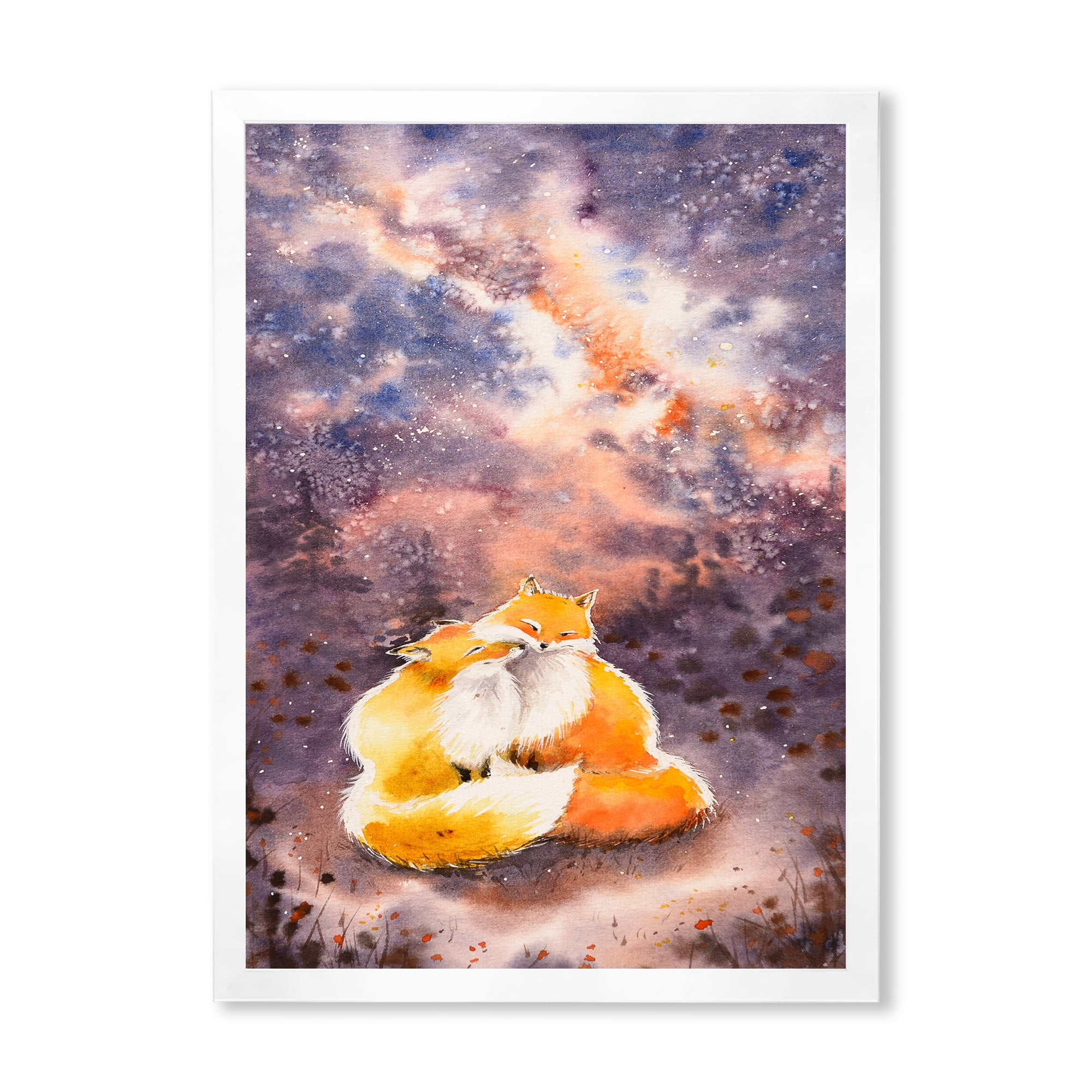 Designart 'Foxes Over A Night Sky Hugging ' Children's Art Framed Art Print