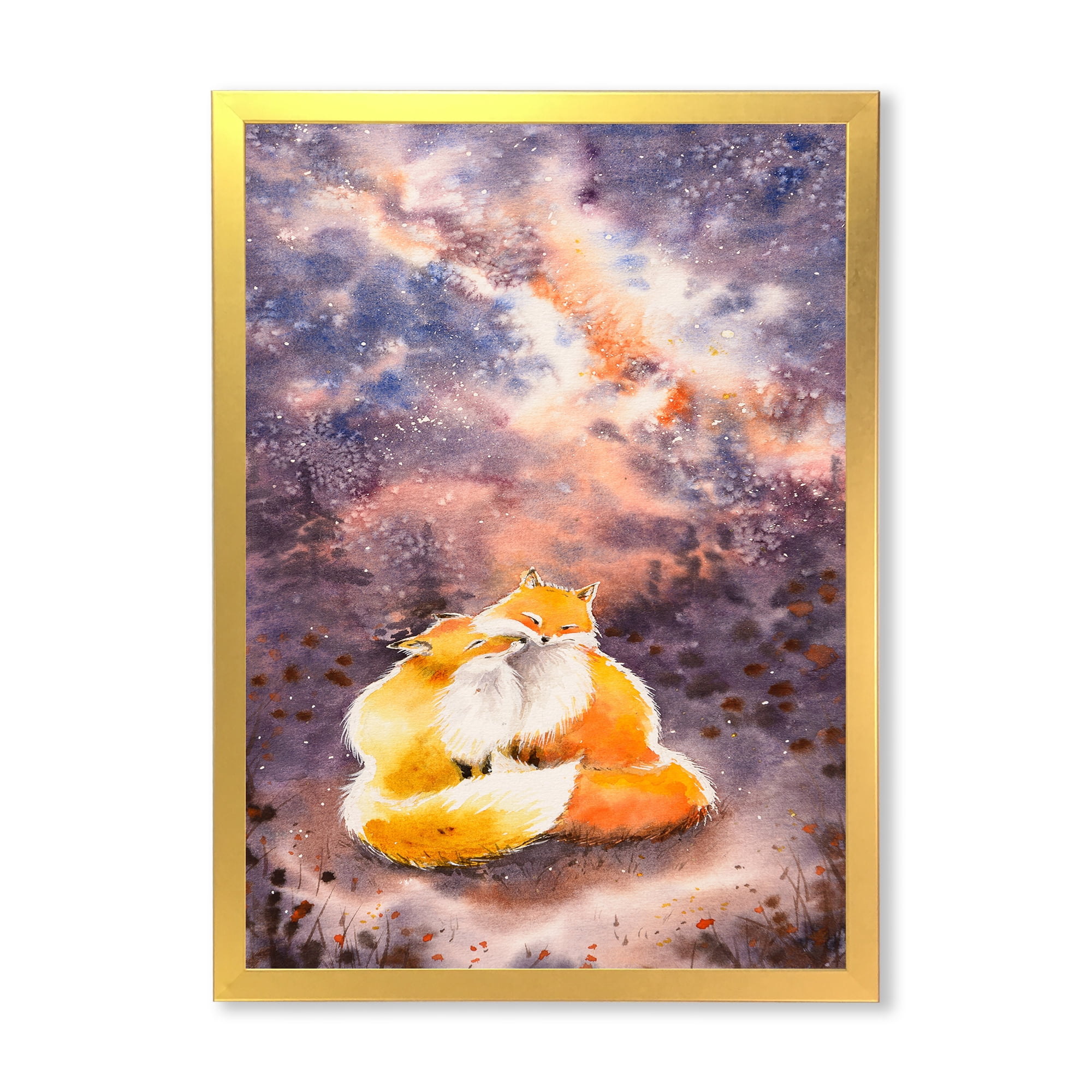 Designart 'Foxes Over A Night Sky Hugging ' Children's Art Framed Art Print