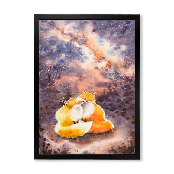 Designart 'Foxes Over A Night Sky Hugging ' Children's Art Framed Art Print