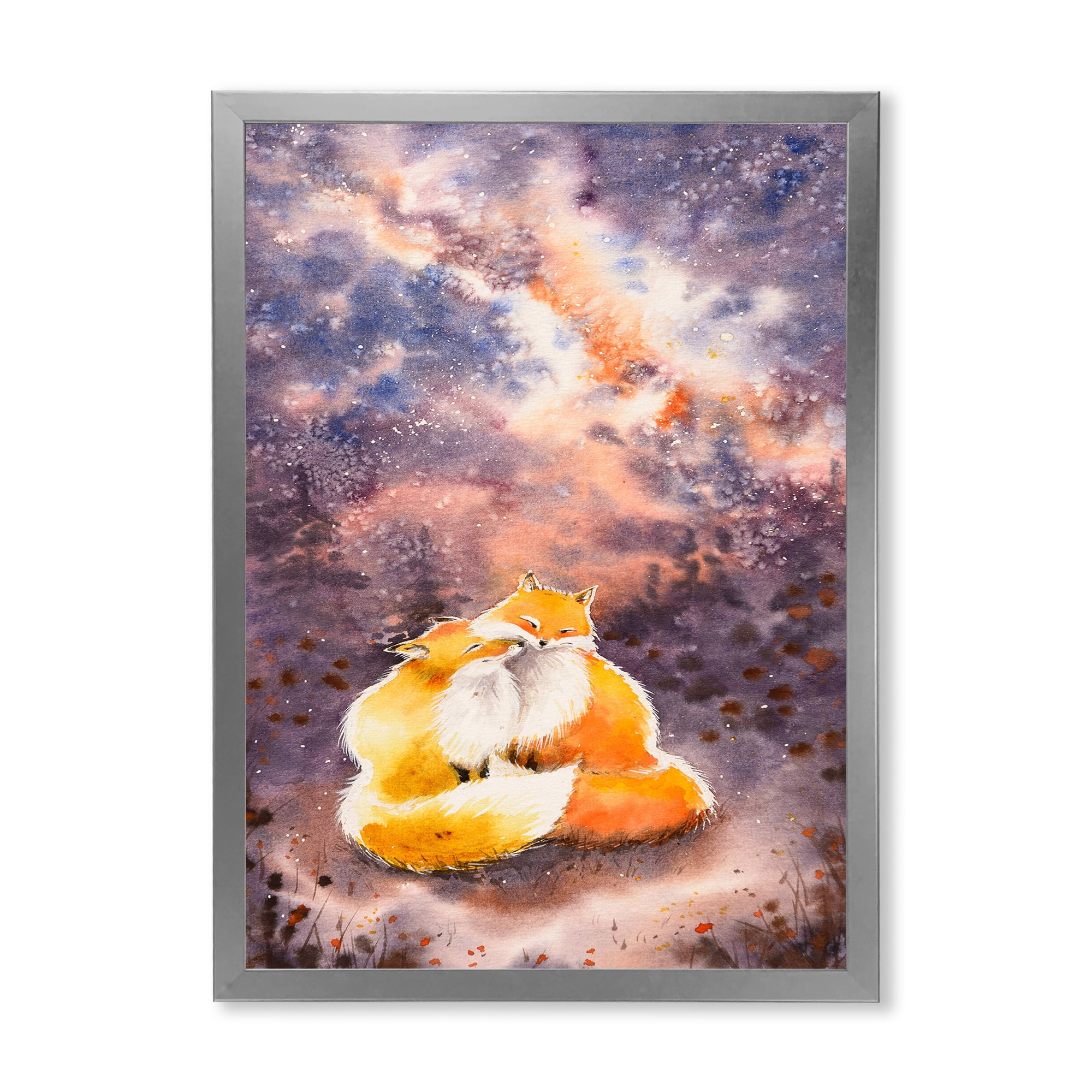 Designart 'Foxes Over A Night Sky Hugging ' Children's Art Framed Art Print