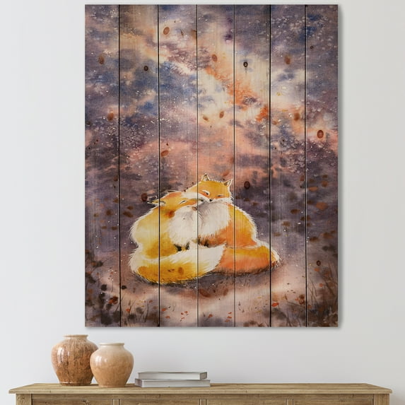 Designart 'Foxes Over A Night Sky Hugging ' Children's Art Print on Natural Pine Wood