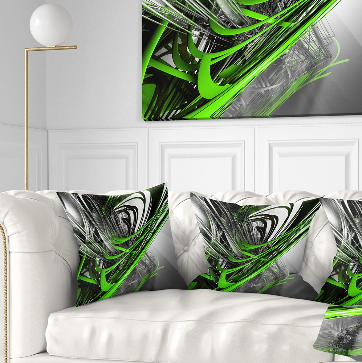 Designart Fractal 3D Green Silver Stripes - Abstract Throw Pillow - 18x18