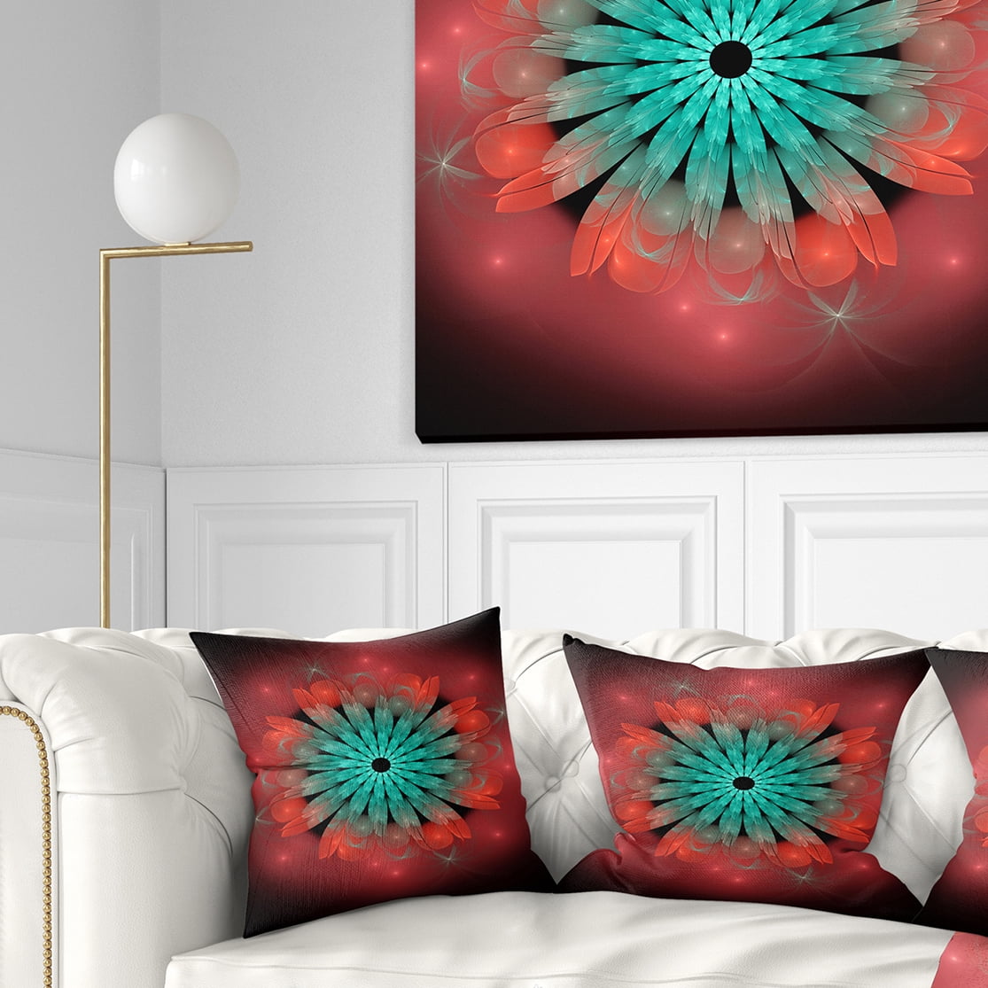 Designart Fractal Blooming Blue Red Flower - Floral Throw Pillow - 16x16
