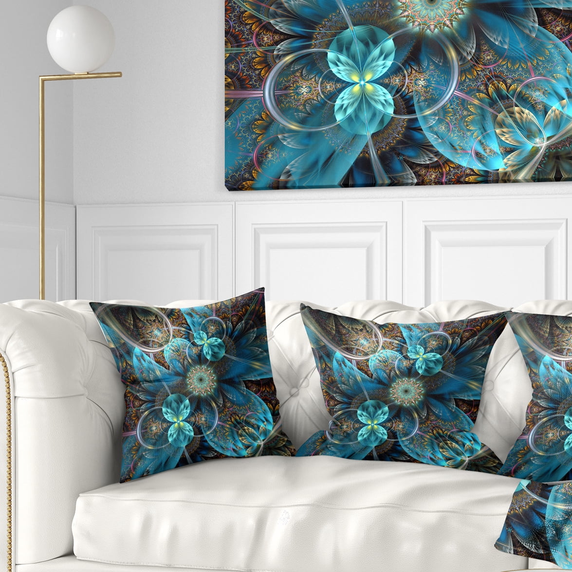 Designart Fractal Blue Flowers - Floral Throw Pillow - 18x18