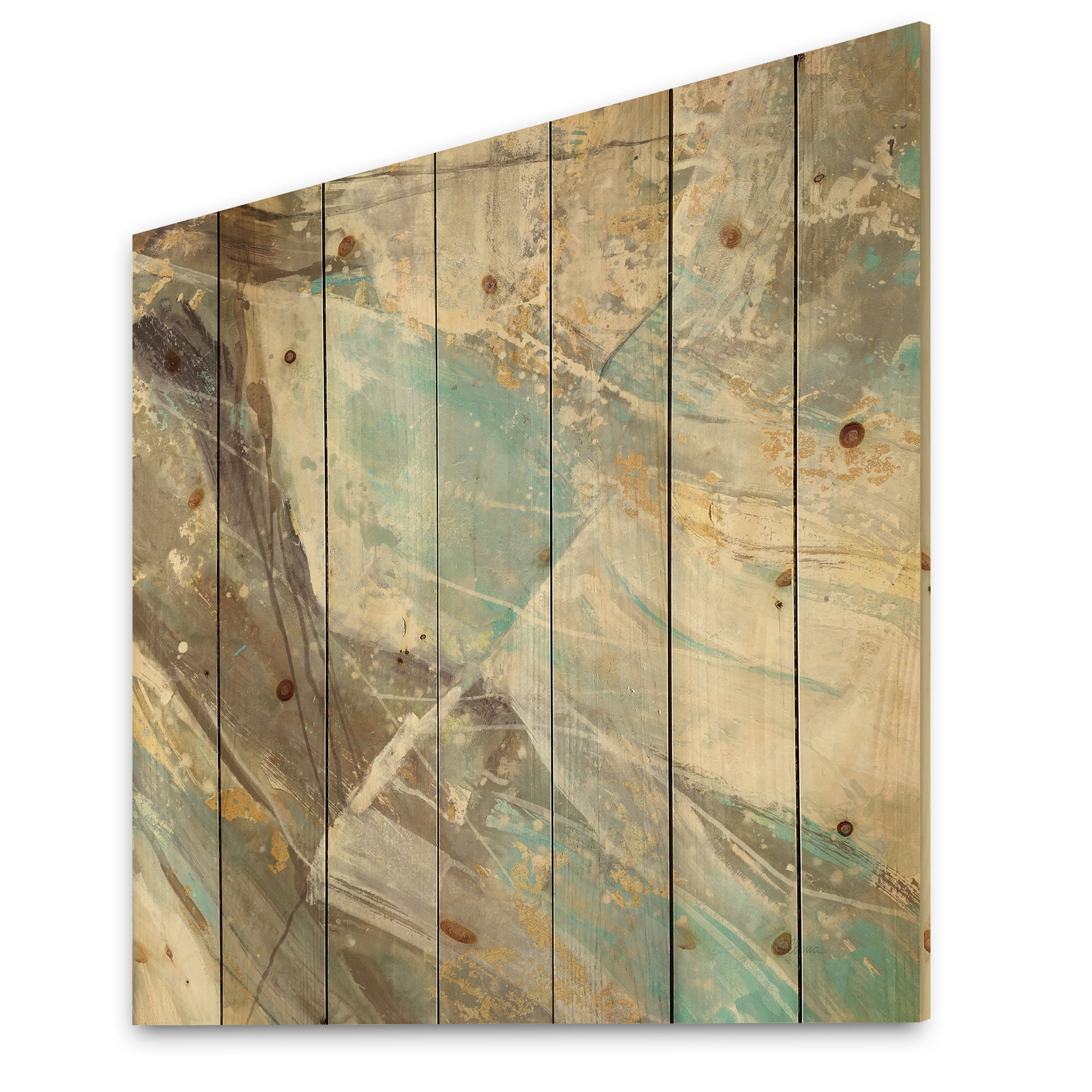 Designart 'Fractal Blue Geometric Water' Modern & Contemporary Print on Natural Pine Wood