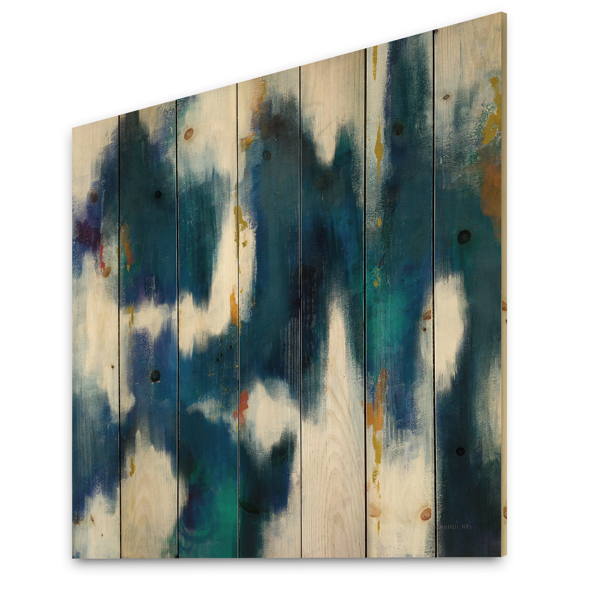 Designart 'Fractal Blue Glam Texture II' Contemporary Print on Natural Pine Wood