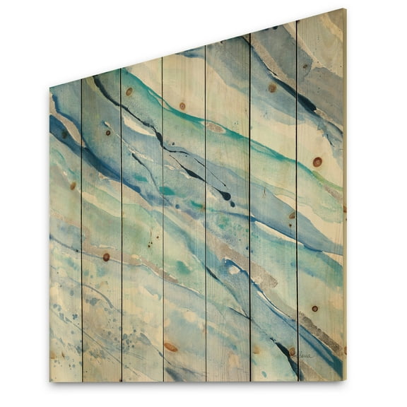 Designart 'Fractal Blue Silver Spring I' Modern Lake House Print on Natural Pine Wood