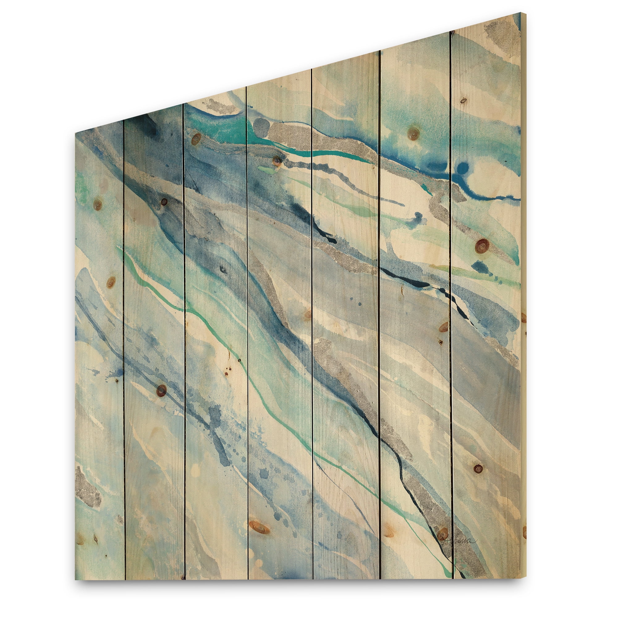 Designart 'Fractal Blue Silver Spring II' Modern Lake House Print on Natural Pine Wood