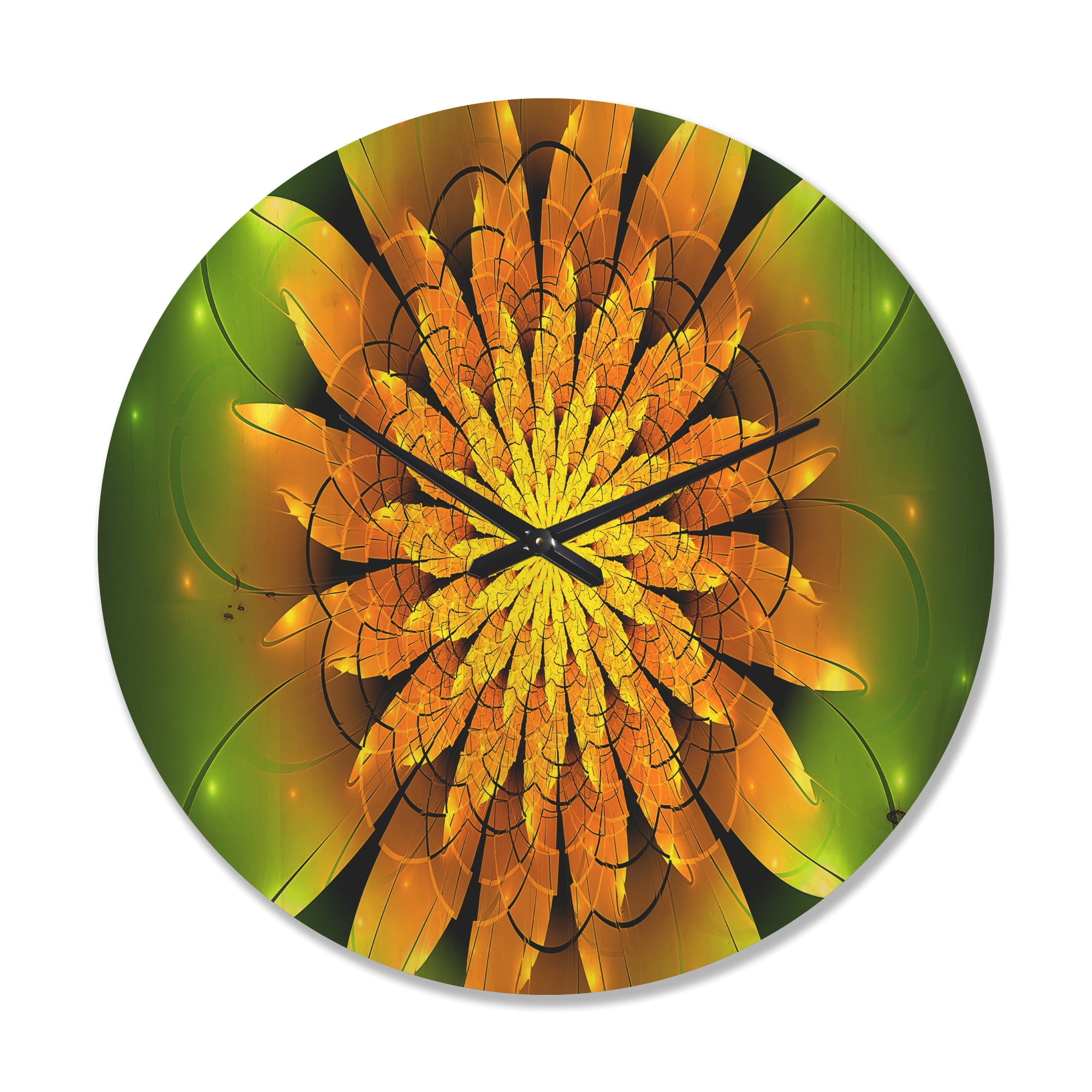 Designart 'Fractal Bright Yellow Flower on Green ' Modern Wood Wall Clock