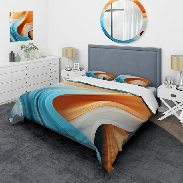 Designart "Fractal Curves in Motion Blue and Orange II" Abstract Fractal Bedding Covert Set - Abstract Blue Modern Bed Set With 2 Shams