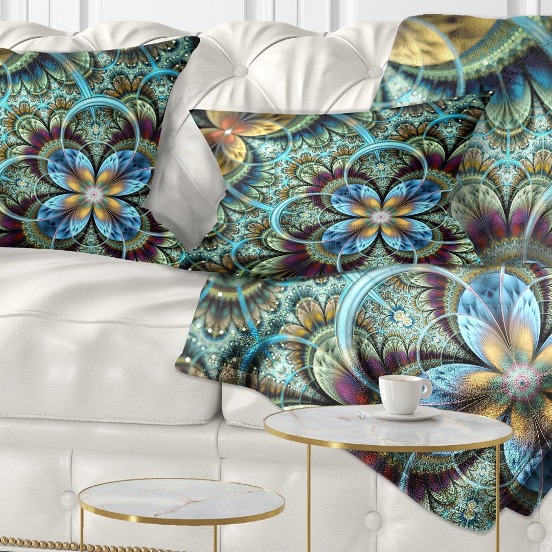 Designart Fractal Dark Orange Blue Flowers - Floral Throw Pillow - 12x20