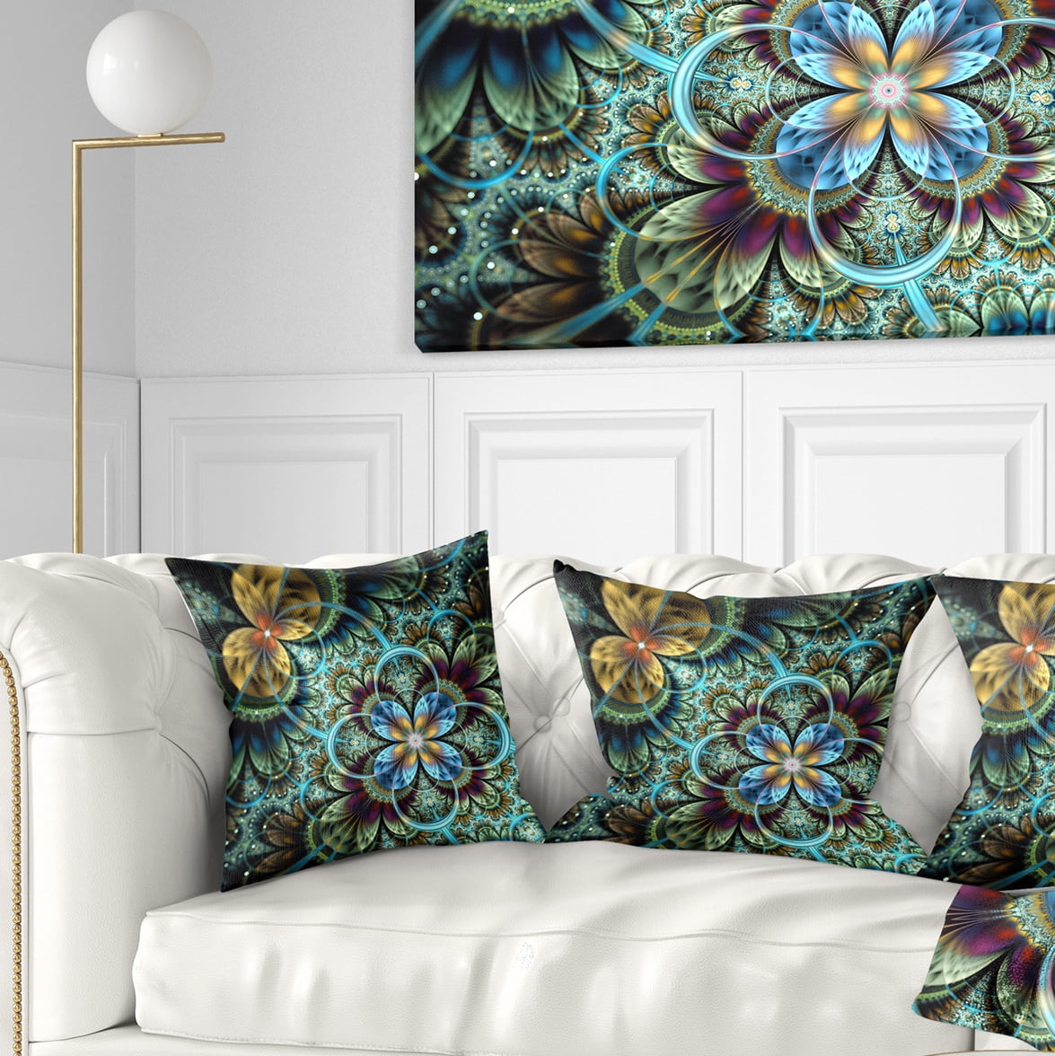 Designart Fractal Dark Orange Blue Flowers - Floral Throw Pillow - 18x18