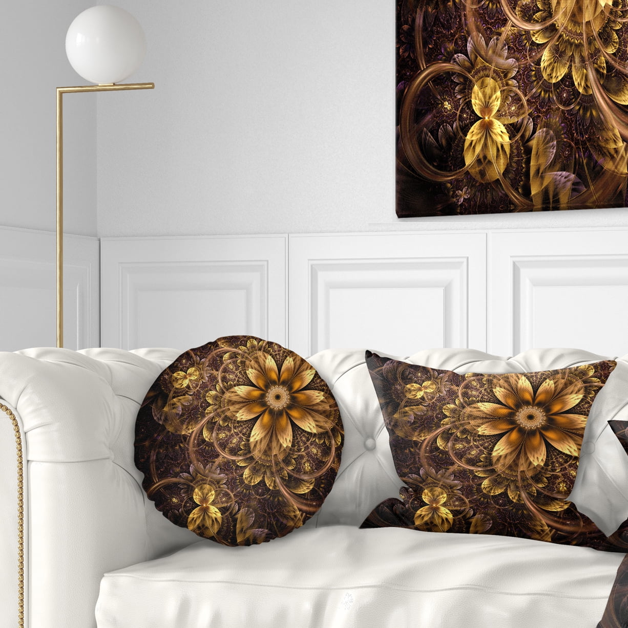 Designart Fractal Dark Yellow Flower - Floral Throw Pillow - 12x20