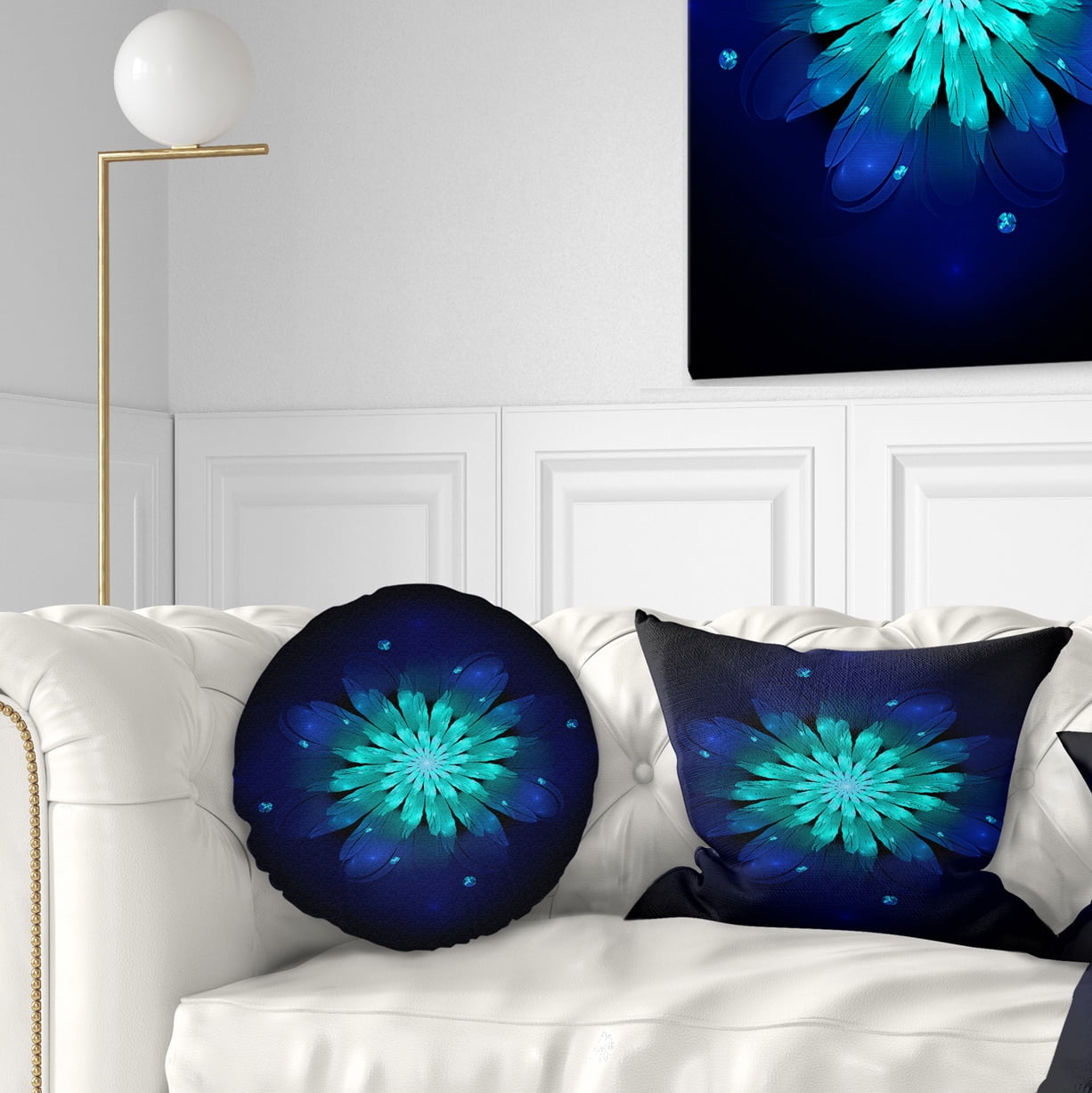 Designart Fractal Flower Blue N Turquoise - Floral Throw Pillow - 12x20
