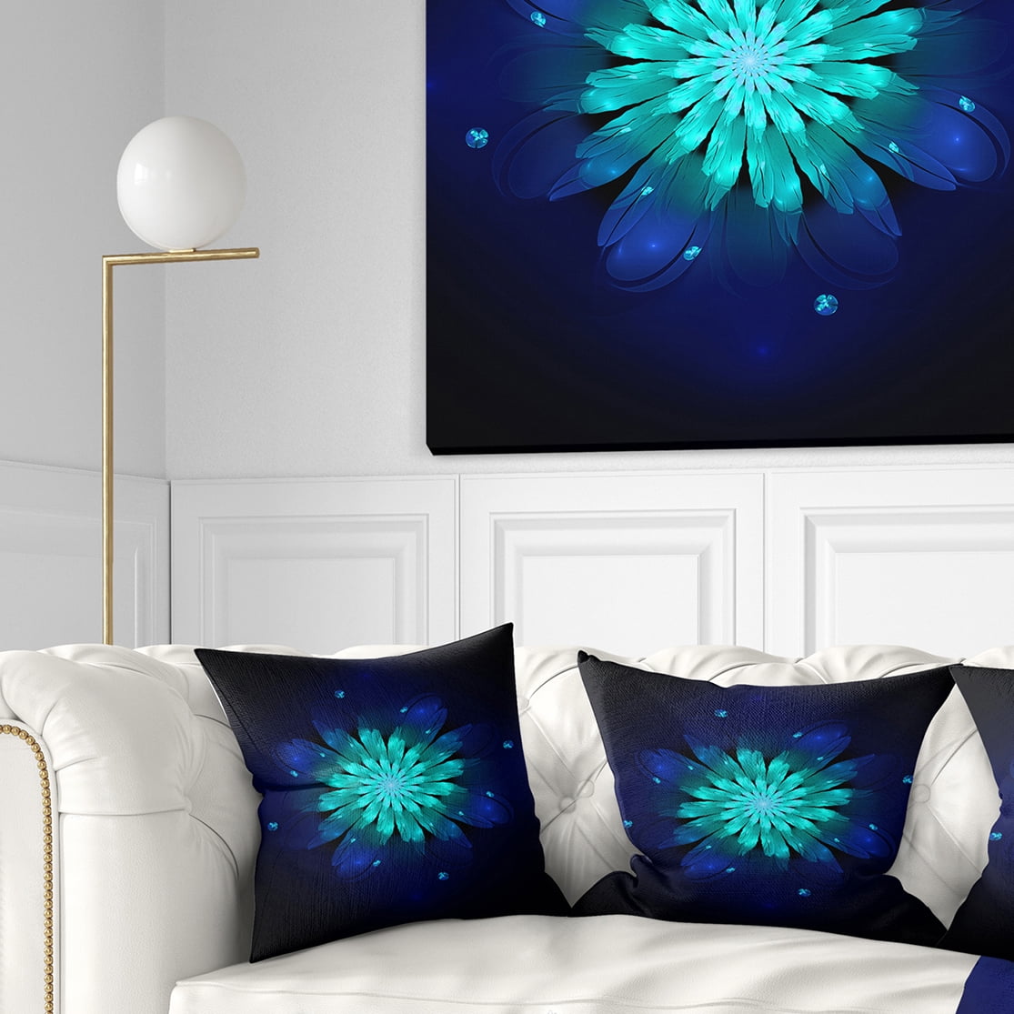 Designart Fractal Flower Blue N Turquoise - Floral Throw Pillow - 16x16