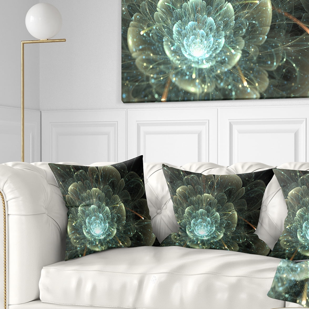Designart Fractal Flower Blue and Gray - Floral Throw Pillow - 16x16