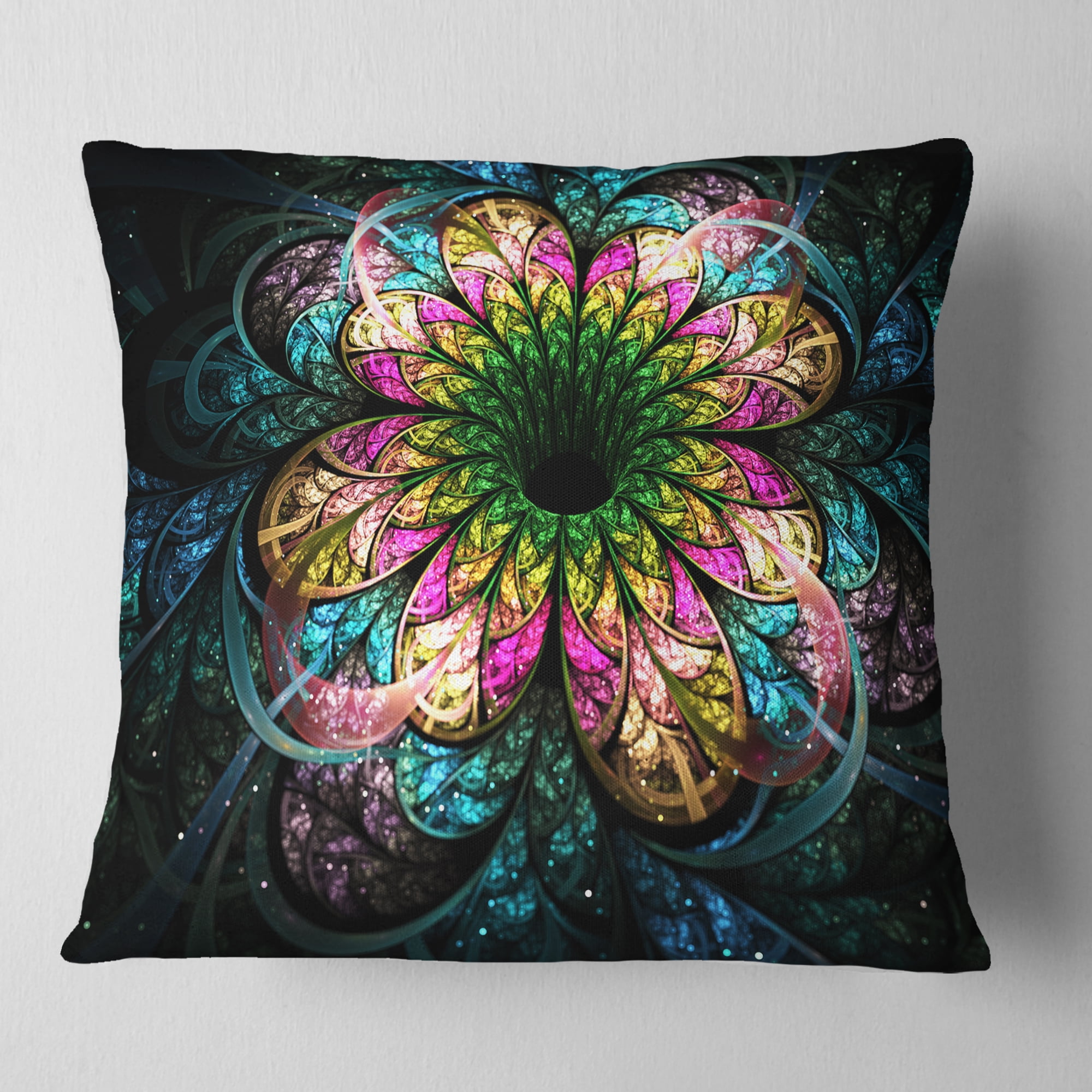 Designart Fractal Flower Dark Colorful Digital Art - Floral Throw Pillow - 16x16