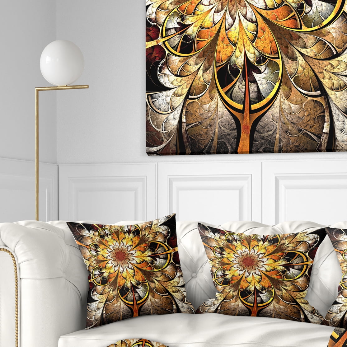 Designart Fractal Flower Dark Yellow - Floral Throw Pillow - 18x18