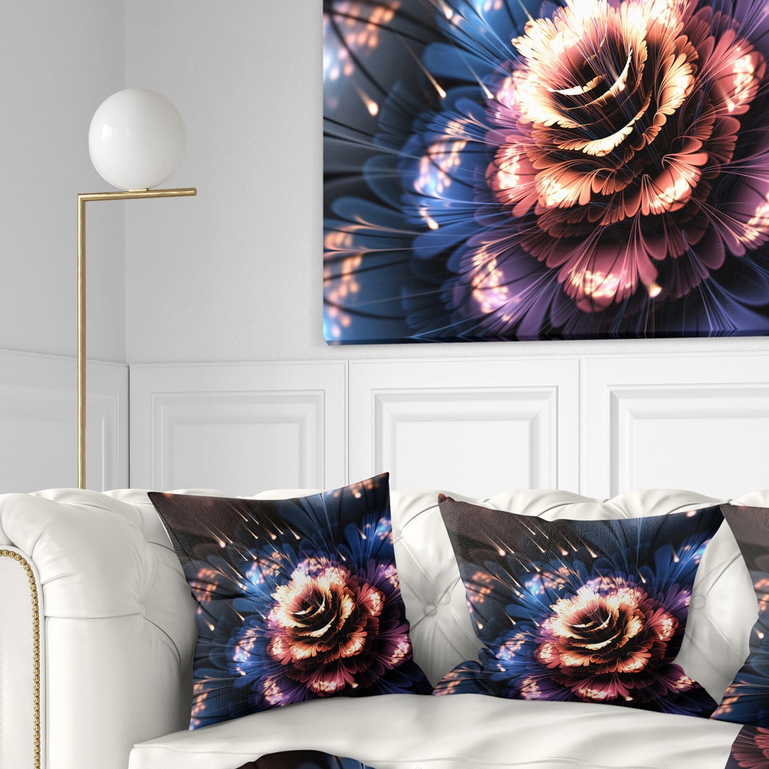 Designart Fractal Flower Orange and Blue - Floral Throw Pillow - 16x16