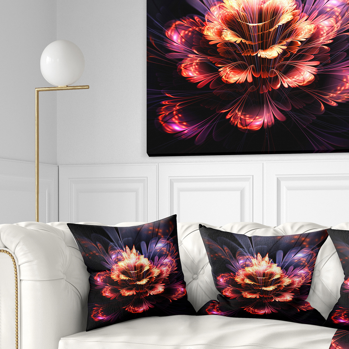 Designart Fractal Flower Orange and Purple - Floral Throw Pillow - 16x16