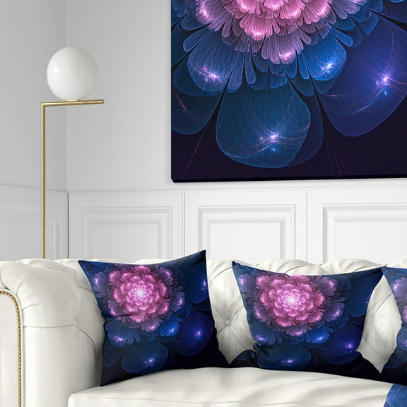 Designart Fractal Flower Pink and Blue - Floral Throw Pillow - 16x16