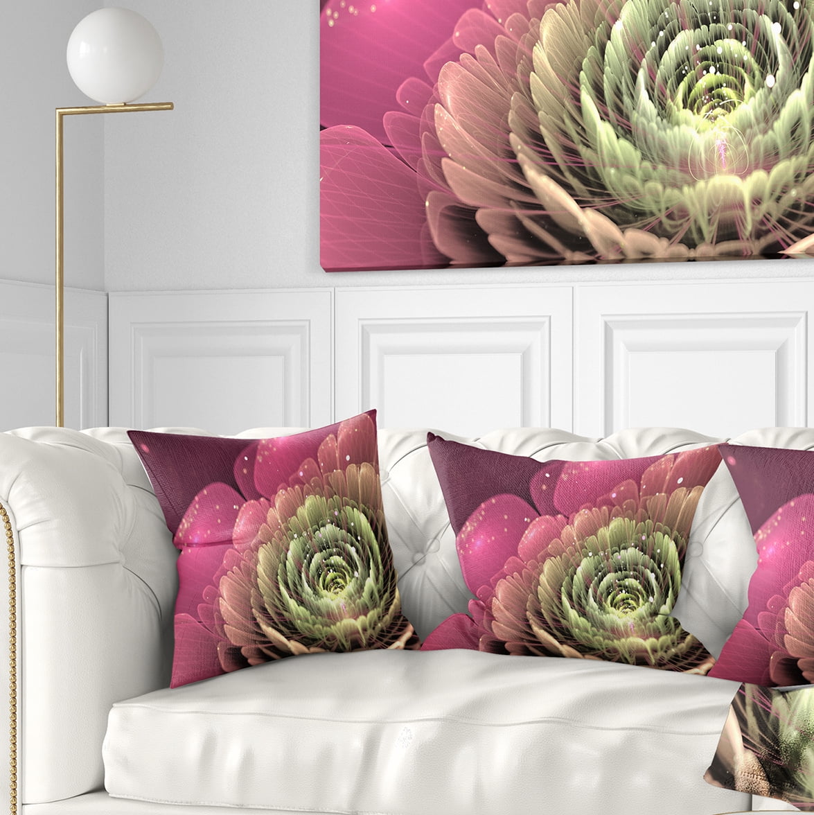 Designart Fractal Flower Pink and Green - Floral Throw Pillow - 16x16