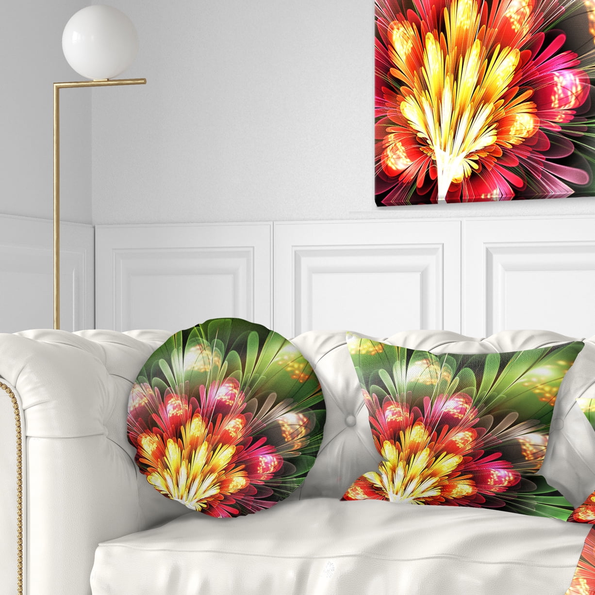 Designart Fractal Flower Red and Green - Floral Throw Pillow - 12x20