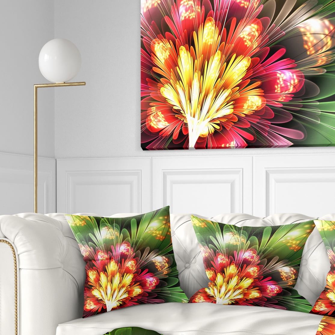 Designart Fractal Flower Red and Green - Floral Throw Pillow - 18x18