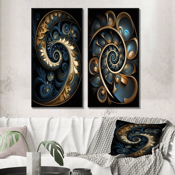 Designart "Fractal Flower Retro Gold and Teal Beauty VI" Fractals Framed Wall Art Set Of 2 - Transitional Gold Gallery Wall Frame Set For Home Decor