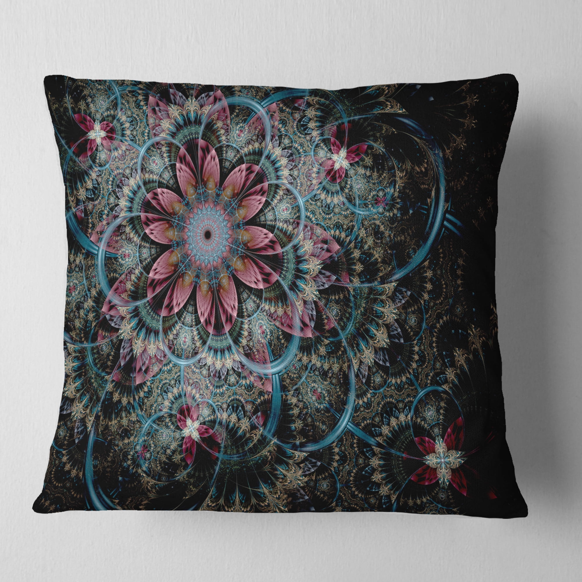 Designart Fractal Flower in Dark Blue Digital Art - Floral Throw Pillow - 16x16