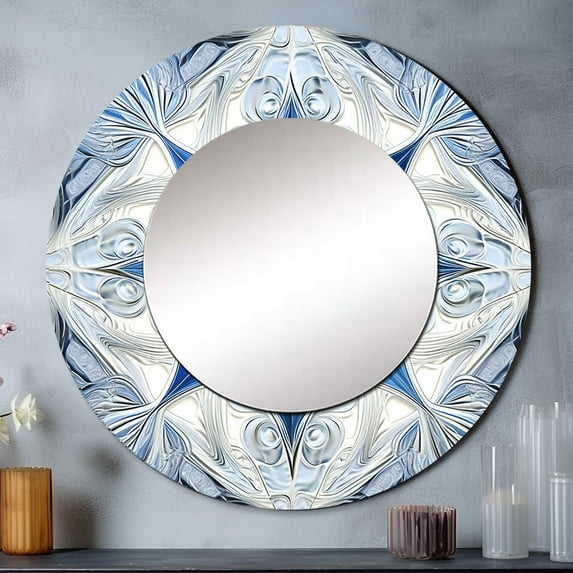 Designart "Fractal Flowers in Turquoise and White I" Modern Geometric Rund Mirror For Wall Decor - Large Turquoise Round Print Mirror - Round Contemporary Mirror 23" x 23" Inch