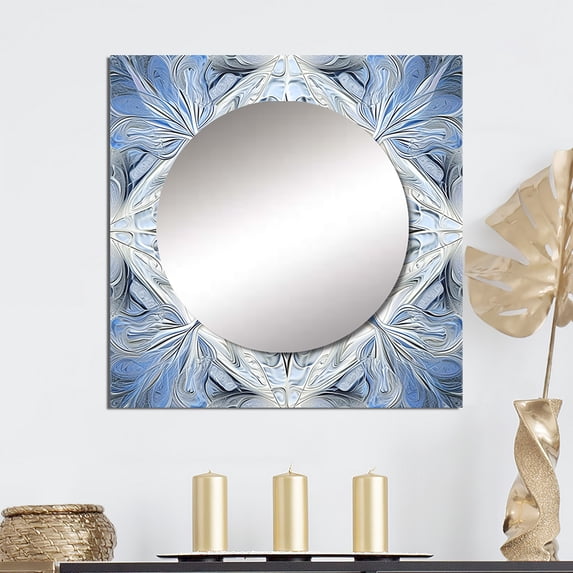 Designart "Fractal Flowers in Turquoise and White I" Modern Geometric Square Mirror Wall Decor Modern - Large Turquoise Square Bathroom Mirror - Square Printed Wall Mirror Art