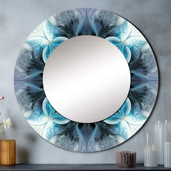 Designart "Fractal Flowers in Turquoise and White III" Modern Geometric Turquoise Large Round Mirror - Round Mirror Wall Décor - Contemporary Round Printed Mirror 23" x 23" Inch