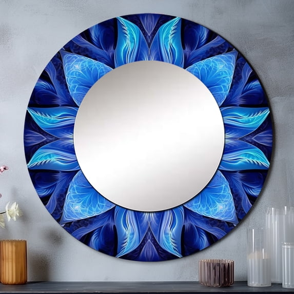 Designart "Fractal Flowers in Turquoise and White VII" Modern Geometric Round Mirror Wall Décor Modern - Large Turquoise Round Mirror - Round Mirror 29" x 29" Inch