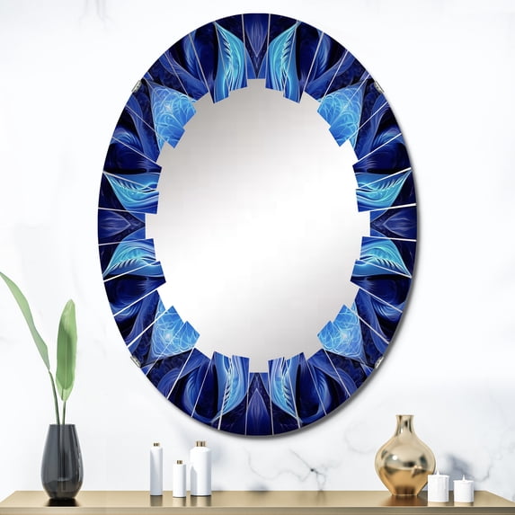 Designart "Fractal Flowers in Turquoise and White VII" Modern Geometric Round Wall Mirror - Modern Oval Printed Decorative Oversized Mirror - Multiple Color Options