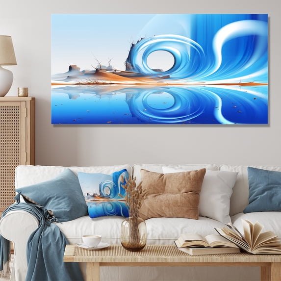 Designart "Fractal Fusion Blue and White Symphony II" Extra Large Abstract Wall Art - Modern Blue Abstract Fractal Living Room Canvas Art