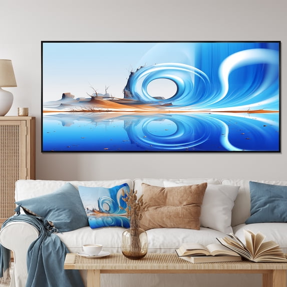 Designart "Fractal Fusion Blue and White Symphony II" Oversized Abstract Framed Wall Art - Modern Blue Abstract Fractal Living Room Framed Canvas Art