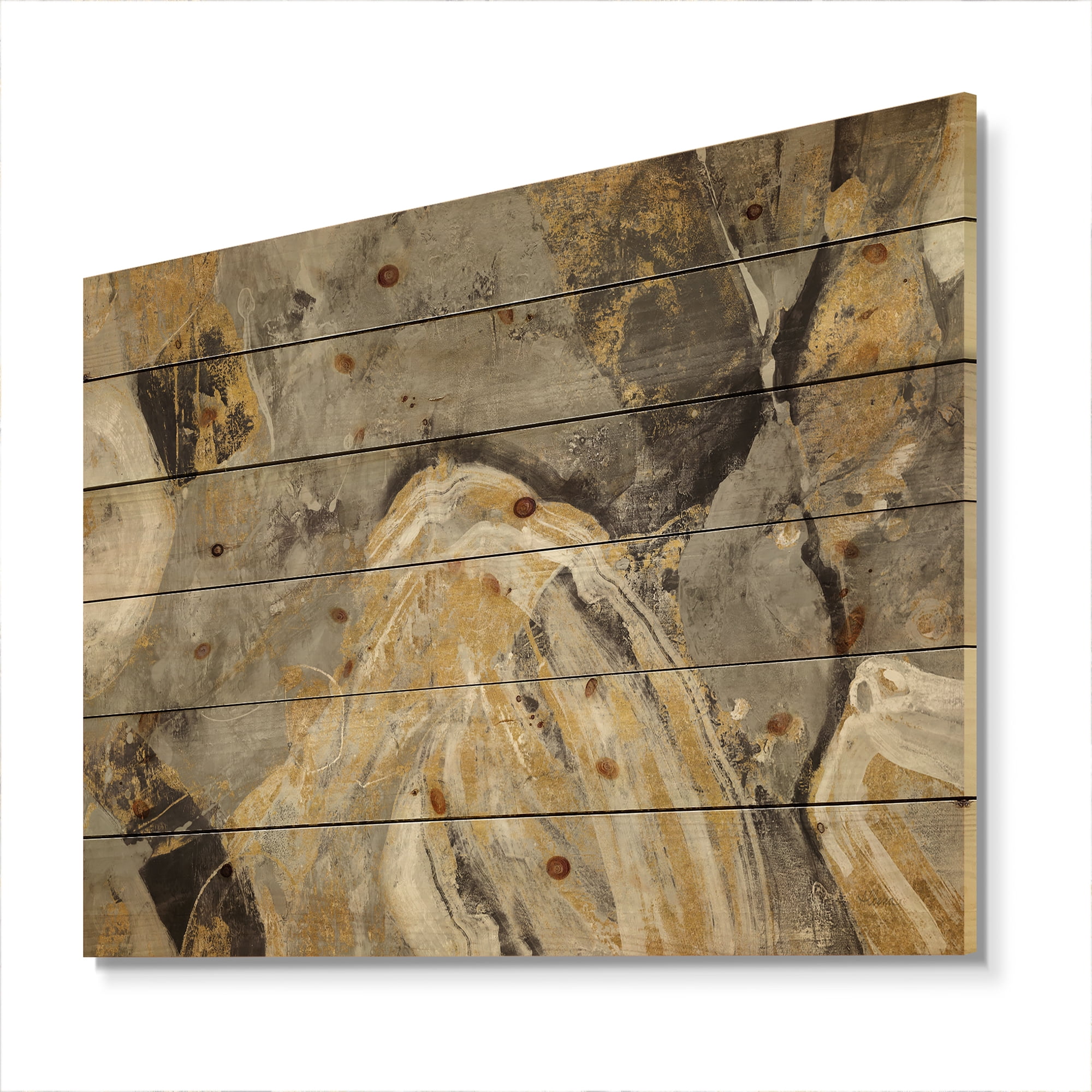 Designart 'Fractal Gold Stone' Cabin & Lodge Print on Natural Pine Wood