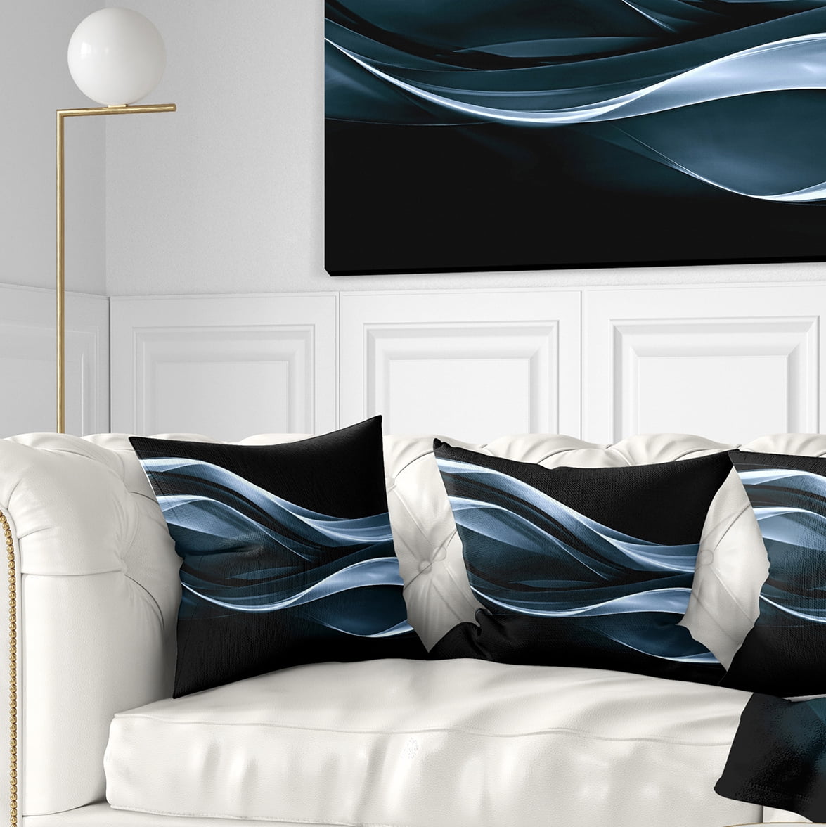 Designart Fractal Lines Blue in Black - Abstract Throw Pillow - 18x18