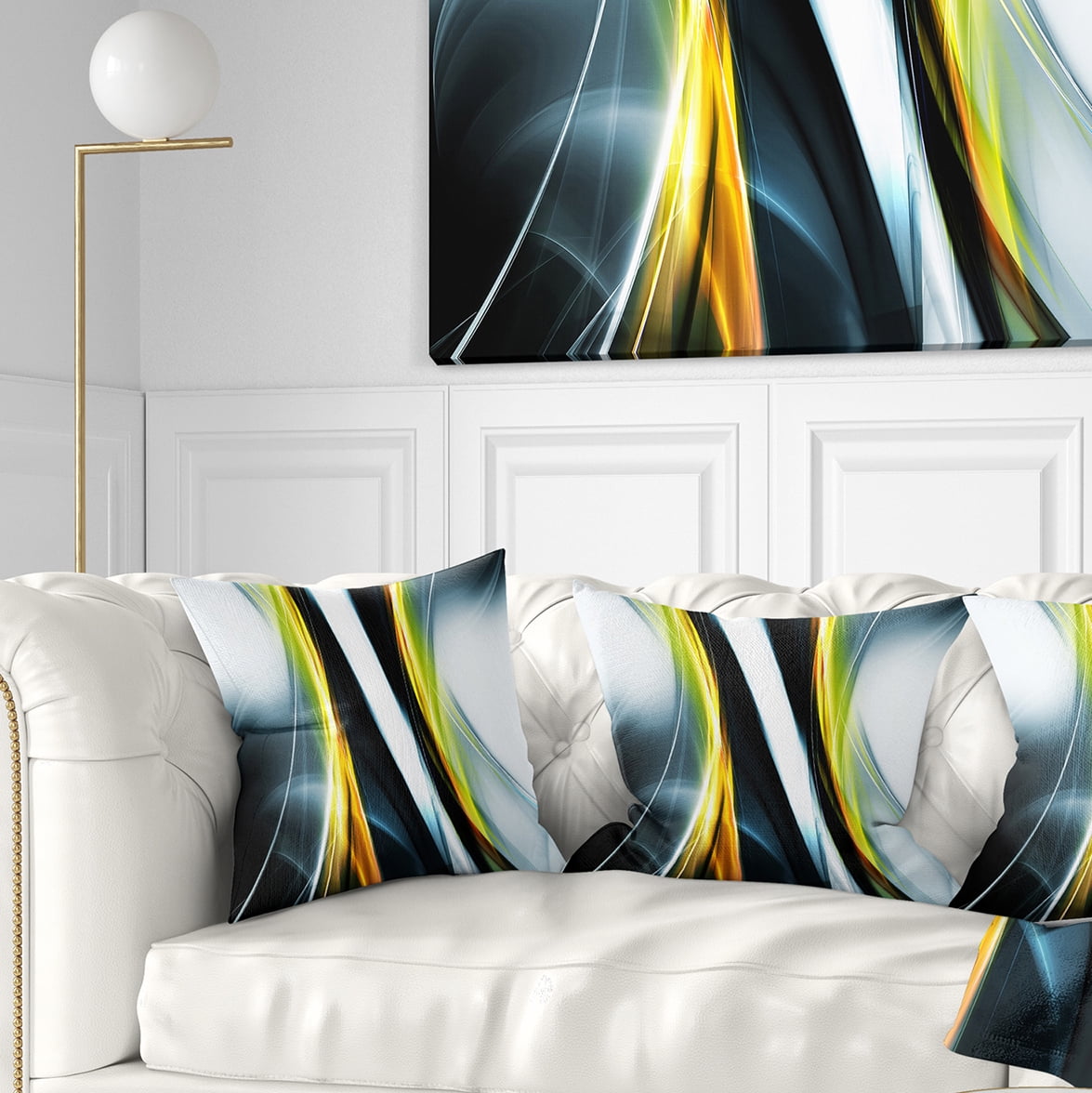 Designart Fractal Lines Yellow White - Abstract Throw Pillow - 16x16