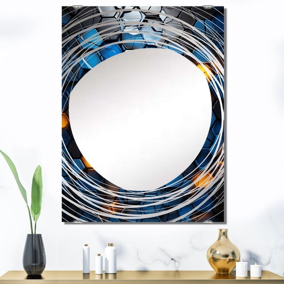 Designart "Fractal Mosaic in Blue and Yellow II" Abstract Modern Shapes Oversized Wall Mirror - Modern Abstract Bathroom Decorative Wall Mirror - Multiple Color Options