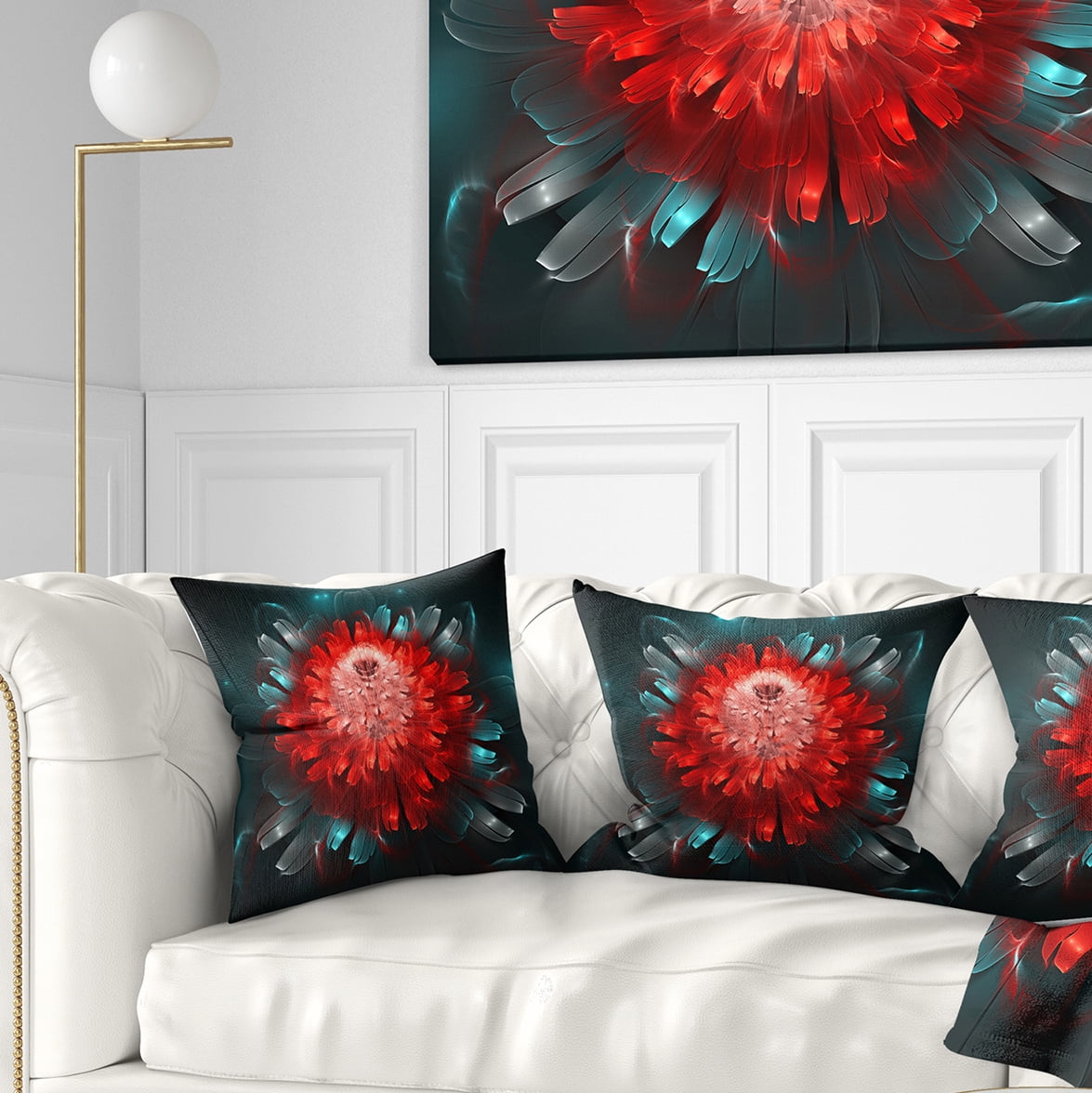 Designart Fractal Red N Blue Flower - Floral Throw Pillow - 16x16