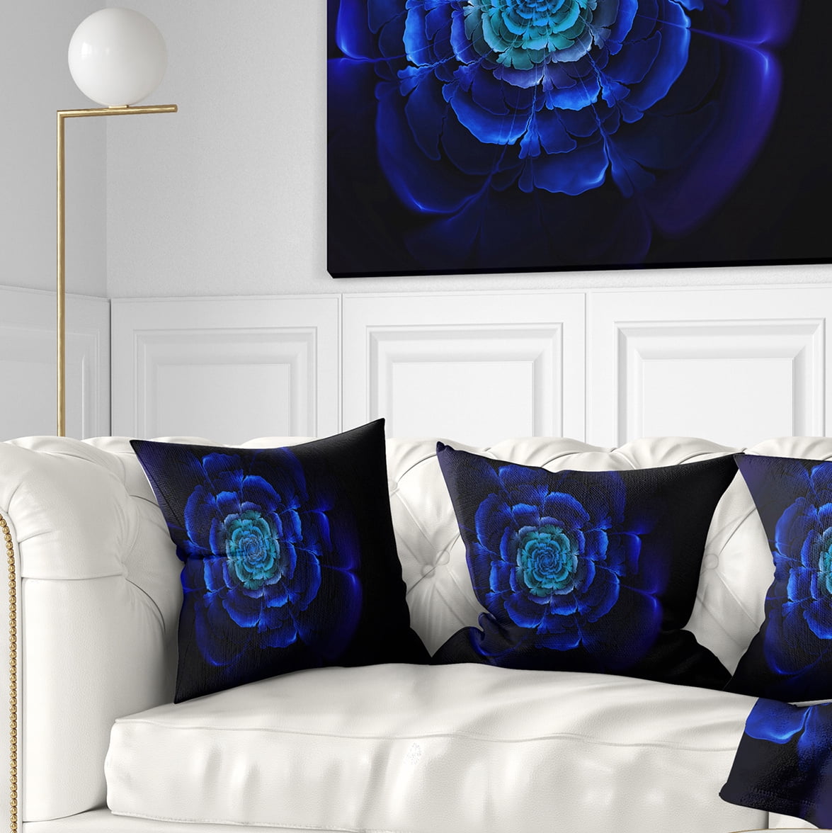 Designart Fractal Silver Blue in Dark - Floral Throw Pillow - 18x18