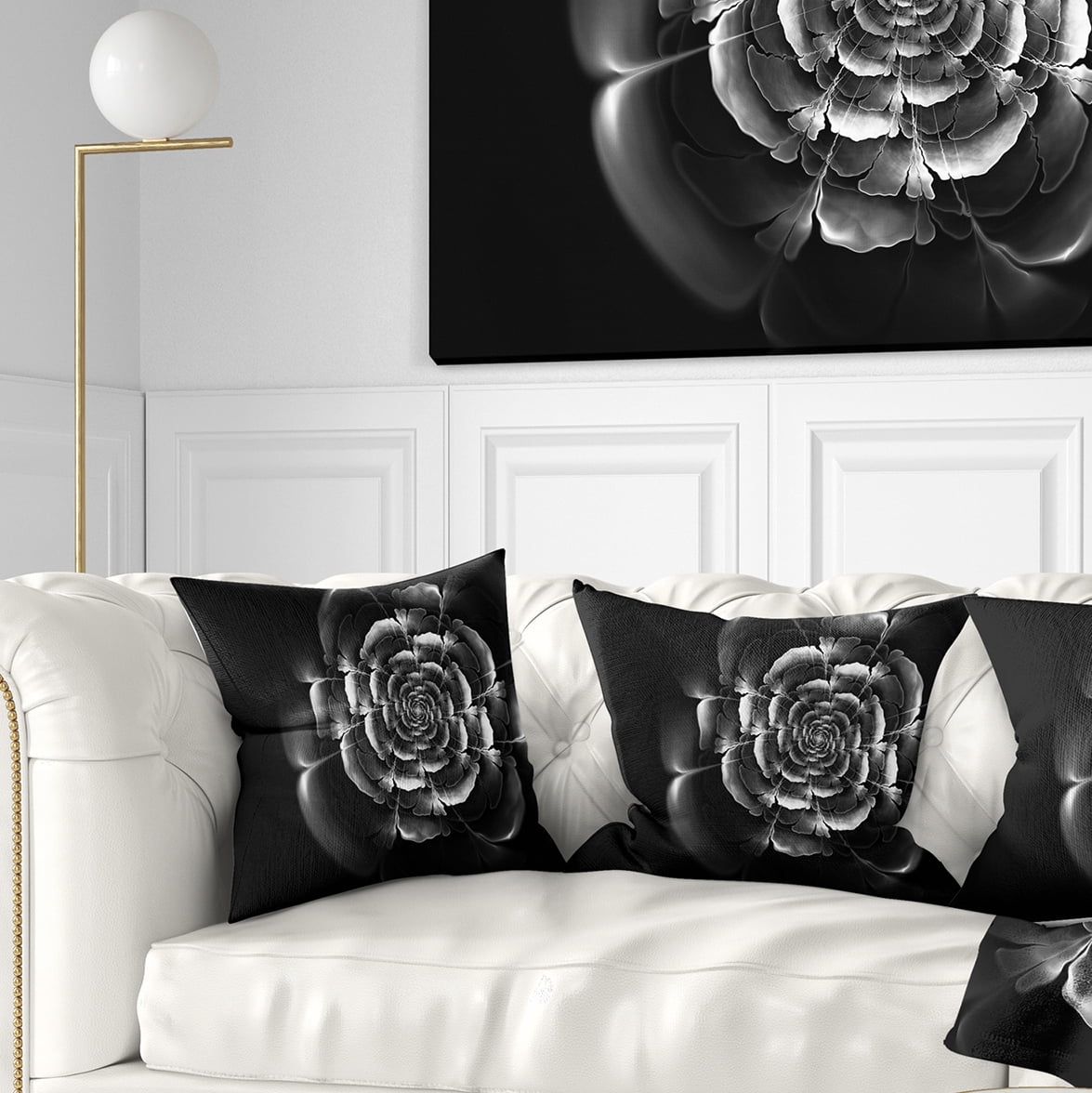Designart Fractal Silver Rose in Dark - Floral Throw Pillow - 18x18