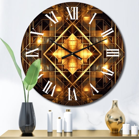 Designart "Fractal Tide in Gold and Black V" Geometric Oversized Wall Clock