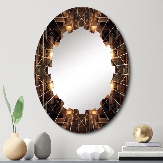 Designart "Fractal Tide in Gold and Black V" Geometric Round Wall Mirror - Modern Oval Printed Decorative Oversized Mirror - Multiple Color Options