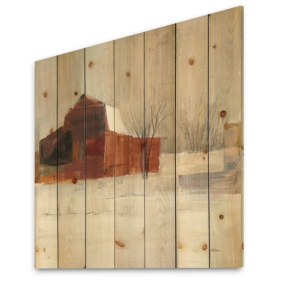 Designart 'Fractal Winter in the Barns' Farmhouse Print on Natural Pine Wood