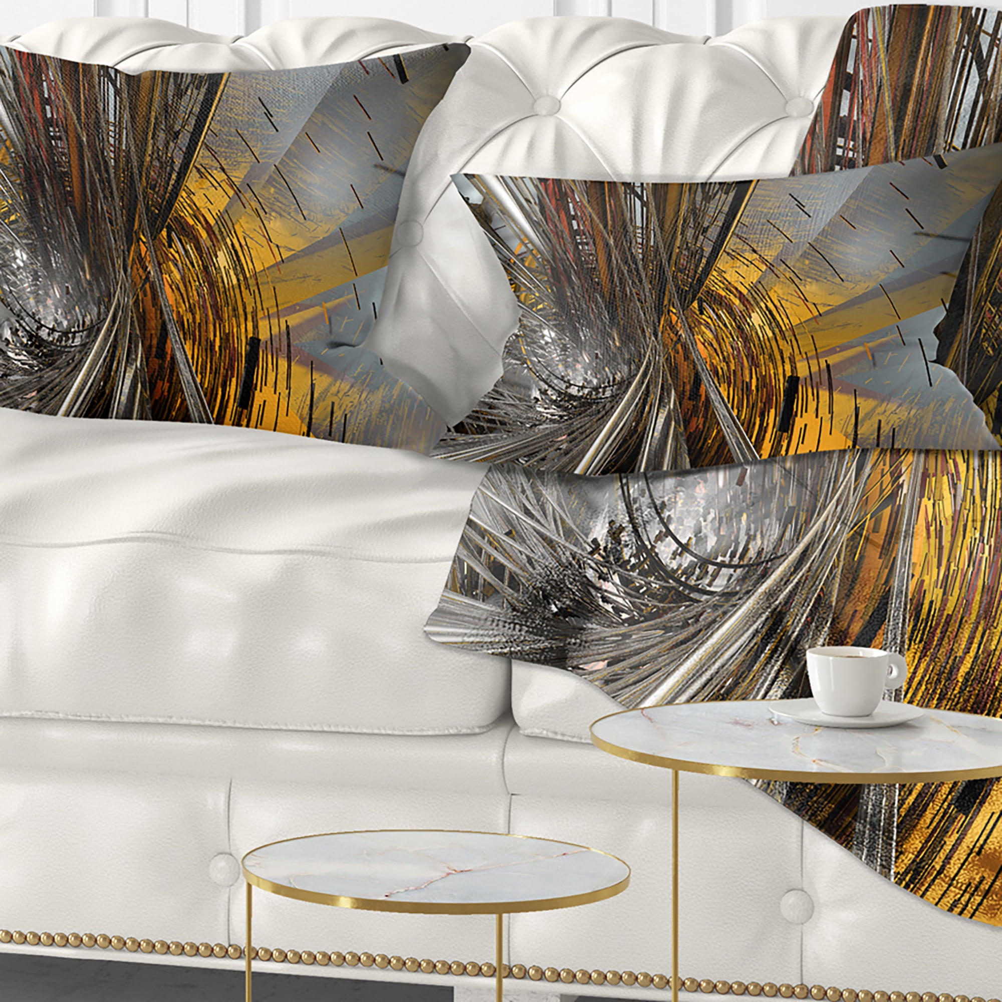Designart Fractal Yellow Connected Stripes - Contemporary Throw Pillow - 12x20