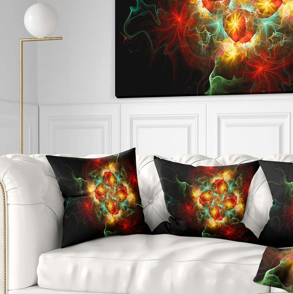 Designart Fractal Yellow N Red Flower - Floral Throw Pillow - 18x18